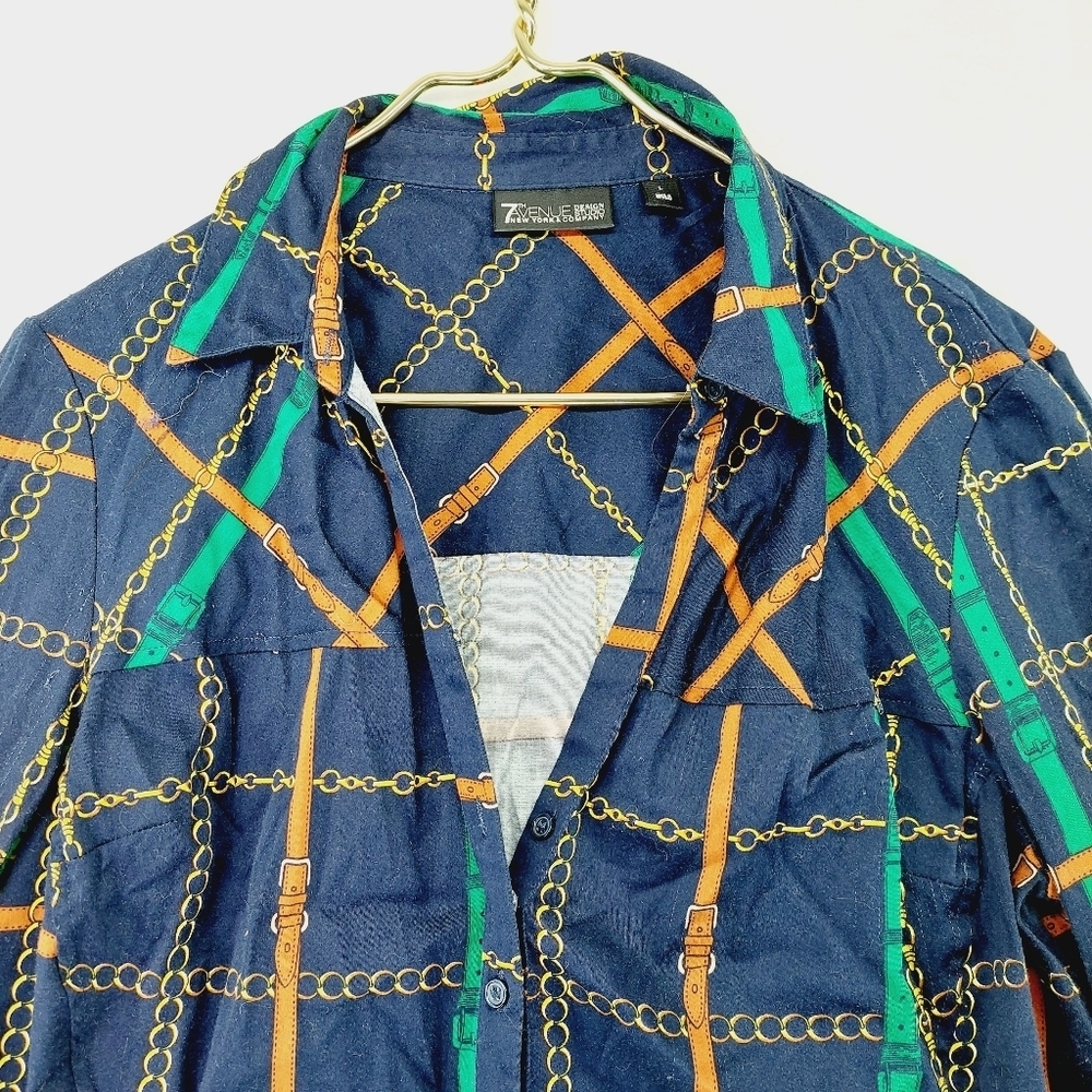 7th Avenue Design New York & Company Blue Chain Square Button Down Shirt P3039 - Picture 2 of 9